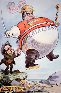 Karykatura przedstawia Williama Jenningsa Bryana (1860-1925) wysadzającego w powietrze „Imperialist Windbag” Williama Mckinleya (1843-1901) z „Pucku” autorstwa American School
