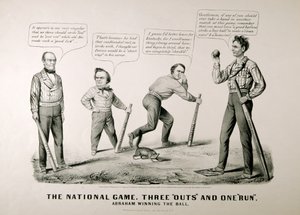 Karykatura przedstawiająca Abrahama Lincolna (1809-1865) wygrywającego bal z przeciwnikami Douglas, Bell i Breckenridge w wyborach prezydenckich 1860, 1860 autorstwa American School