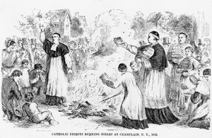 Księża katoliccy palący Biblie w Champlain, Nowy Jork, ilustracja z antykatolickiej broszury, 1842 autorstwa American School