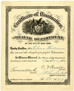 Certificate of Vaccination, the Health Department of the City of New York..., 1882 (rycina [certyfikat] wypełniony atramentem) autorstwa American School