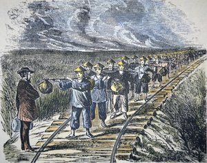 Charles Crocker (1822-88) i jego chińscy pracownicy budujący Central Pacific Railroad, ukończony 1869 (kolor lito) autorstwa American School