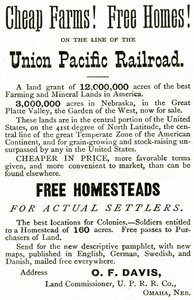 Tanie farmy i wolne domy na linii Union Pacific Railroad, ogłoszenie z Appletons Journal, 4 maja 1872 r. autorstwa American School