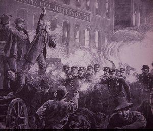 Chicago Haymarket Pracy Riot z 1886 roku, grawerowanie opublikowane w tygodniku Harpera autorstwa American School