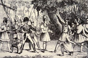 Chief Tecumseh (1768-1813) przeciwstawiający się generałowi Harrisonowi (1773-1841) (grawerowanie) autorstwa American School