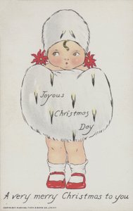 Świąteczna kartka z życzeniami przedstawiająca dziecko w świątecznej futrzanej mufce i czapce. (chromolitho) autorstwa American School
