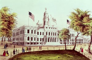 Ratusz w Nowym Jorku, grawerowane przez Nathaniela Curriera (1813-88) autorstwa American School
