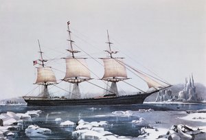 Clipper Ship Red Jacket w lodzie w pobliżu Przylądka Horn w drodze z Australii do Liverpoolu, opublikowana przez Currier und Ives, 1854