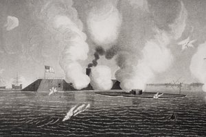 Walka między Konfederackim CSS Virginia (po lewej) a Union USS Monitor (po prawej) 9 marca 1862 w Hampton Roads w stanie Wirginia (szczegóły 254608) autorstwa American School