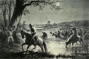 Armia Konfederacji przekraczająca Brody na rzece Potomac podczas inwazji na Maryland w 1862 roku (lito) autorstwa American School