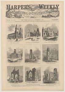 Okładka Harpers Weekly przedstawiająca sceny zrujnowanych kościołów w Chicago, 11 listopada 1871 r