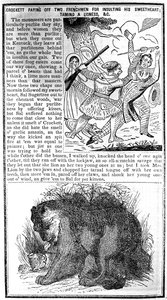 Davy Crockett odpłaca się dwóm Francuzom za obrazę jego ukochanej, oswajanie lwicy itp., ilustracja z Almanachu Crocketta autorstwa American School