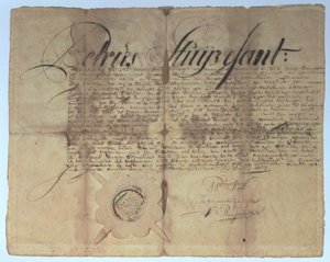 Akt podpisany przez Petera Stuyvesanta, dyrektora generalnego Nowej Holandii, 15 maja 1664 r. autorstwa American School