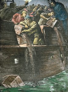 Zniszczenie ładunków herbaty, znane jako Boston Tea Party autorstwa American School