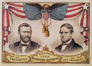 Plakat wyborczy do wyborów prezydenckich w USA w 1868 r. przedstawiający Ulyssesa S. Granta i Schuyler Colfax, 1868 r.