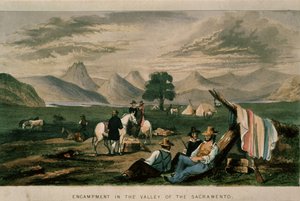 Obozowisko w Dolinie Sacramento w 1598 roku, ilustracja z Kalifornii, jej przeszłość, jej obecna pozycja, jej perspektywy na przyszłość autorstwa G.A. Fleming, 1850 autorstwa American School