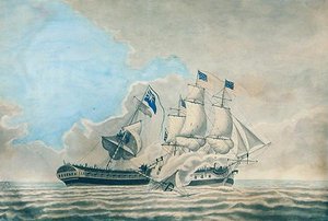 АНУ-ын Фрегат Консттунд ба H.M.S.-ийн хоорондын оролцоо. Guerriere (цаасан дээрх усан будаг, гуаш, бэх)поли autorstwa American School