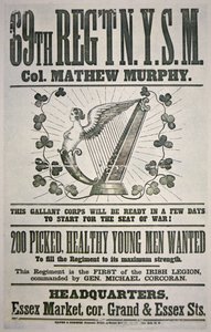 Federalny plakat rekrutacyjny dla 69. pułku, apelujący do irlandzkich imigrantów (kolor lito) autorstwa American School