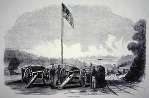 Federalna bateria worków z piaskiem do ochrony linii kolejowej podczas wojny secesyjnej (1861-65) (lito) autorstwa American School