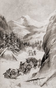 Fremont w Górach Skalistych w Ameryce Północnej podczas swojej czwartej wyprawy w 1848 r., z „Historii naszego kraju”, opublikowanej w 1905 r. (litho) autorstwa American School
