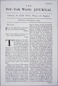 Pierwsza strona New-York Weekly Journal omawiająca wolność prasy autorstwa American School