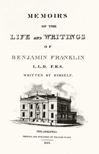 Frontyspicjum autobiografii „Pamiętniki życia i pisma Benjamina Franklina” autorstwa Benjamina Franklina. Wydanie z 1818 roku. autorstwa American School