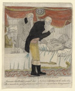 G. Washington w swojej ostatniej chorobie, z udziałem doktorów Craika i Browna, wyd. ok. 1800 (ręcznie kolorowane grawerowanie) autorstwa American School