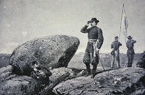 Generał G.K. Warren na stacji sygnalizacyjnej na Little Round Top, Bitwa pod Gettysburgiem autorstwa American School