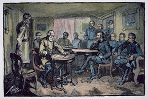 Generał Robert E. Lee (1807-70) poddaje się generałowi Ulyssesowi S. Grantowi (1822-85) w gmachu sądu Appomattox, 9 kwietnia 1865 (kolor lito) autorstwa American School