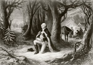 George Washington modli się w obozie Valley Forge z czasów wojny o niepodległość Stanów Zjednoczonych zimą 1777-78, według obrazu Henry