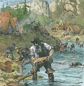 Gold Washing w Kalifornii, z pubu książkowego. 1896 (grawerowanie ręcznie kolorowane) autorstwa American School