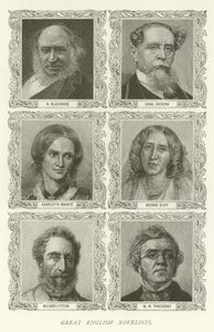 Wielcy angielscy powieściopisarze, R. Blackmore, Charles Dickens, Charlotte Bronte, George Eliot, Bulwer-Lytton, WM Thackeray autorstwa American School