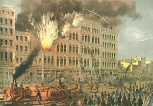 Great Fire on Lake Street, z Chicago Illustrated, z opisami literackimi Jamesa W. Sheahana, wyd. Jevne & Almini, Chicago, 1866-67 autorstwa American School