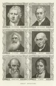 Wielcy wynalazcy, Sir R Arkwright, George Stephenson, SFB Morse, James Watt, Bernard Palissy, Eli Whitney autorstwa American School