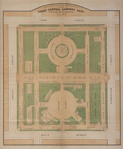 Plan budynków Wielkich Centralnych Targów Sanitarnych, Logan Square, czerwiec 1864 r. (kolorowa litografia) autorstwa American School