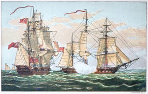 HMS Shannon kontra amerykański Chesapeake w 1813 podczas wojny 1812 (kolor lito) autorstwa American School