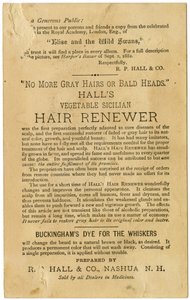 „Halls“ augalinis sicilietiškas plaukų atnaujinimas, atkuria žilus plaukus į pradinę spalvą ir apsaugo nuo nuplikimo. Verso, (litografija [prekybos kortelė])poli autorstwa American School
