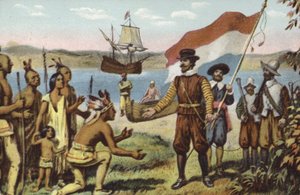 Henry Hudson ląduje na Manhattanie autorstwa American School