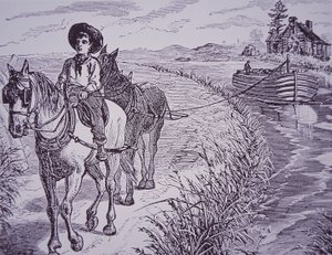Konie ciągnące łódkę na ścieżce holowniczej, kanał Erie (rycina) autorstwa American School