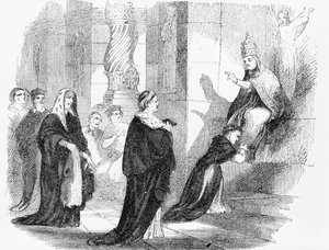 Ilustracja z antykatolickiej broszury przedstawiająca księdza całującego szaty papieża autorstwa American School