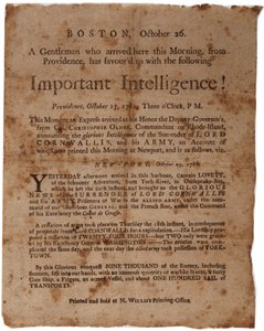 Ważna inteligencja! (zapowiadająca kapitulację Cornwallis w Yorktown), mała burta wydrukowana przez M. Willisa, Boston, 26 października 1781 autorstwa American School