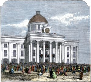 Inauguracja prezydenta Jeffersona Davisa na prezydenta Skonfederowanego Stanu Ameryki, ratusz w Montgomery, Alabama autorstwa American School