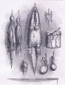 Indiańska torba na lekarstwa, tajemniczy gwizdek, bitwy i bęben 1661, ilustracja z pubu Cassell