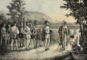 Jacques Cartier, jego pierwszy wywiad z Indianami w Hochelaga (obecnie Montreal) w 1535 r., ok. 1850 r. autorstwa American School