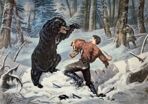 Jedediah Smith (1799-1831) zaatakowany przez niedźwiedzia grizzly, ok. 1861 (kolor lito) autorstwa American School