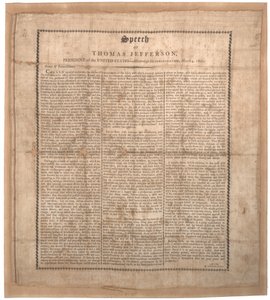 Pierwsze przemówienie inauguracyjne Jeffersona, wydrukowane przez Pechin, Baltimore, 4 marca 1801 r. (lito na jedwabiu) autorstwa American School