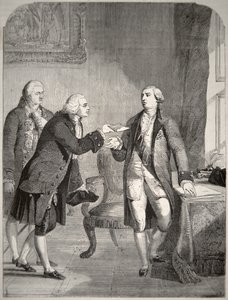 John Adams (1735-1826) jako pierwszy amerykański ambasador na dworze angielskim, przedstawiając swoje listy uwierzytelniające królowi Jerzemu III (1738-1820) (litografia) autorstwa American School