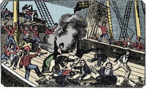 Śmierć dżentelmena-pirata Jeana Lafitte (1780-1826), grawer „Książka pirata” 1837. autorstwa American School