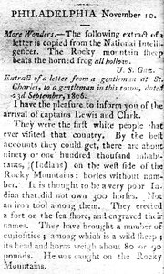 List zapowiadający przybycie kapitanów Lewisa i Clarka z The Boston Intelligencer, 19 listopada 1806 (druk) autorstwa American School