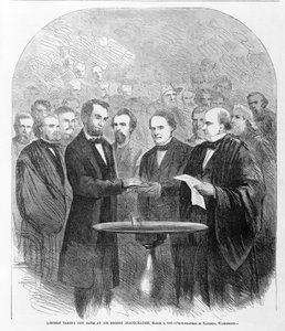 Lincoln składa przysięgę podczas swojej drugiej inauguracji, 4 marca 1865, opublikowana w 1865 r autorstwa American School