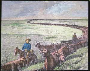 Przewóz bydła Longhorn z Teksasu do Abilene, Kansas, ok. 1870 (kolor lito) autorstwa American School